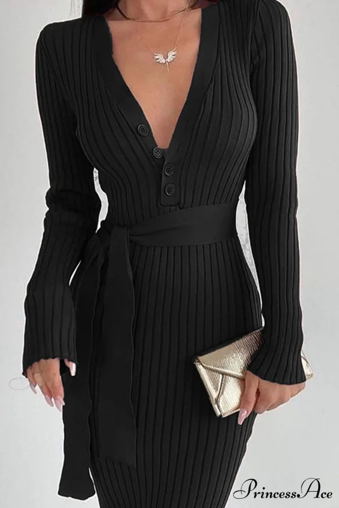 Ribbed Knit Dress with Tie-waist