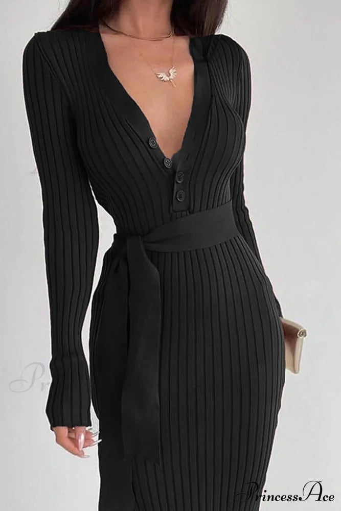 Ribbed Knit Dress with Tie-waist