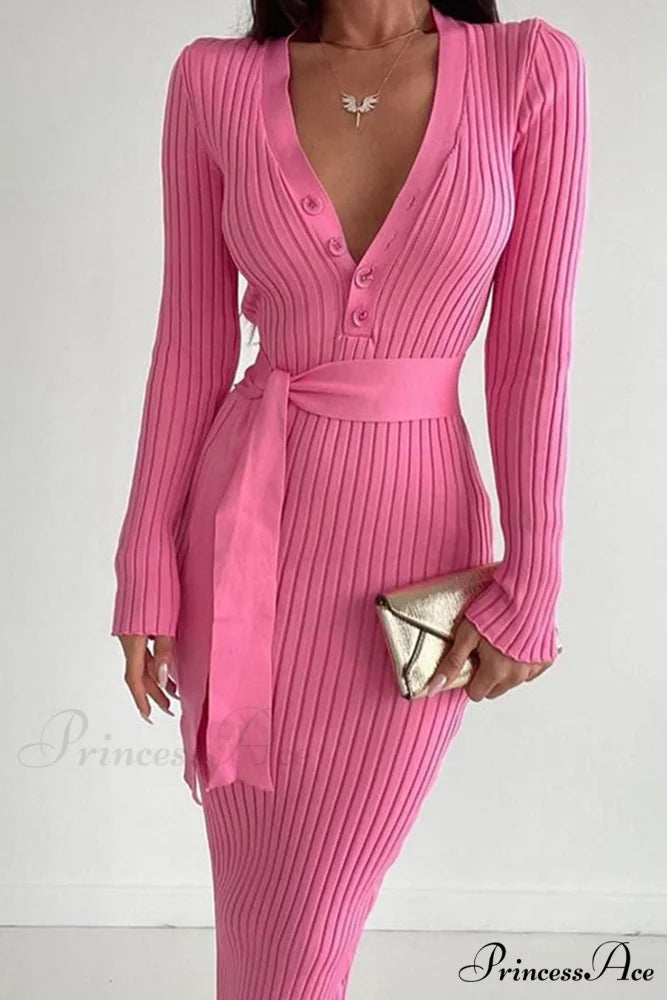 Ribbed Knit Dress with Tie-waist