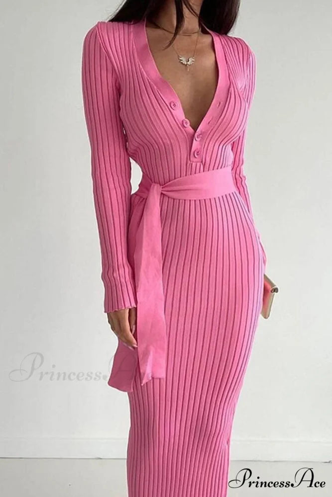 Ribbed Knit Dress with Tie-waist