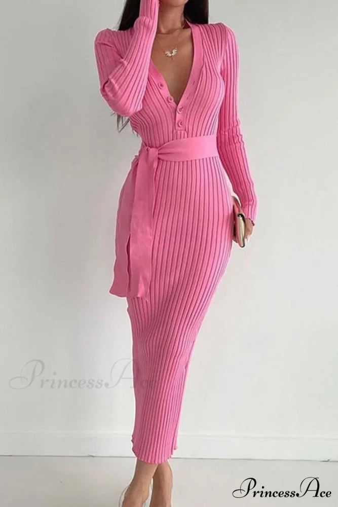 Ribbed Knit Dress with Tie-waist