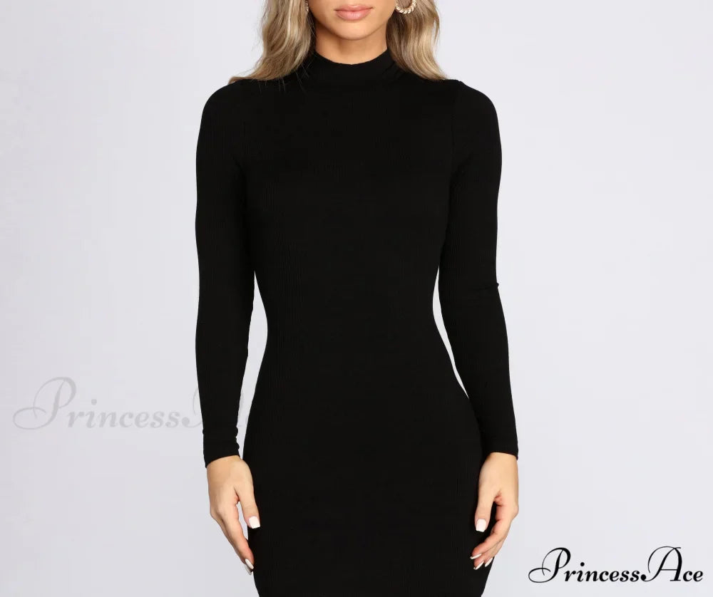 Ribbed Knit Mock Charming Neck Mini Dress
