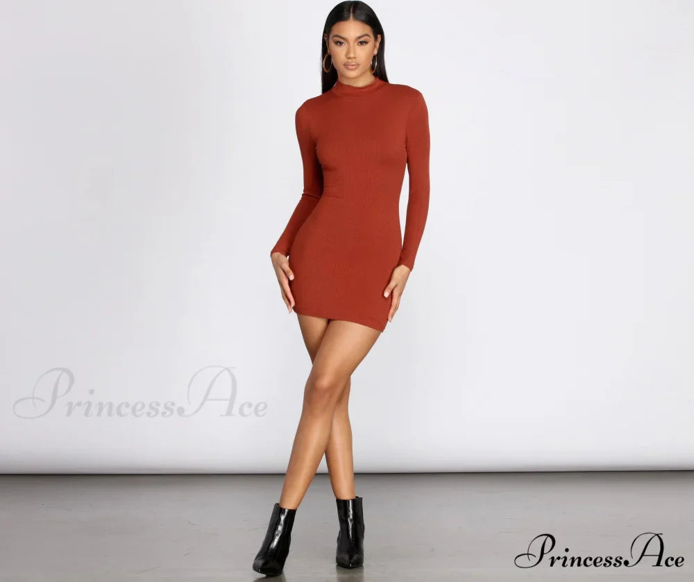 Ribbed Knit Mock Charming Neck Mini Dress