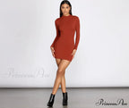 Ribbed Knit Mock Charming Neck Mini Dress