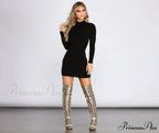 Ribbed Knit Mock Charming Neck Mini Dress