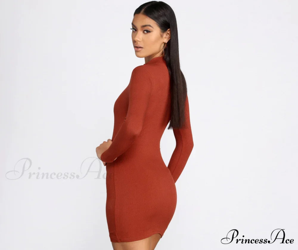 Ribbed Knit Mock Charming Neck Mini Dress