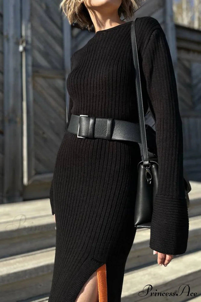 Ribbed Knit Side Slit Dress with Contrast