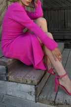 Ribbed Knit Side Slit Dress with Contrast