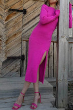 Ribbed Knit Side Slit Dress with Contrast