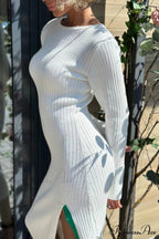 Ribbed Knit Side Slit Dress with Contrast