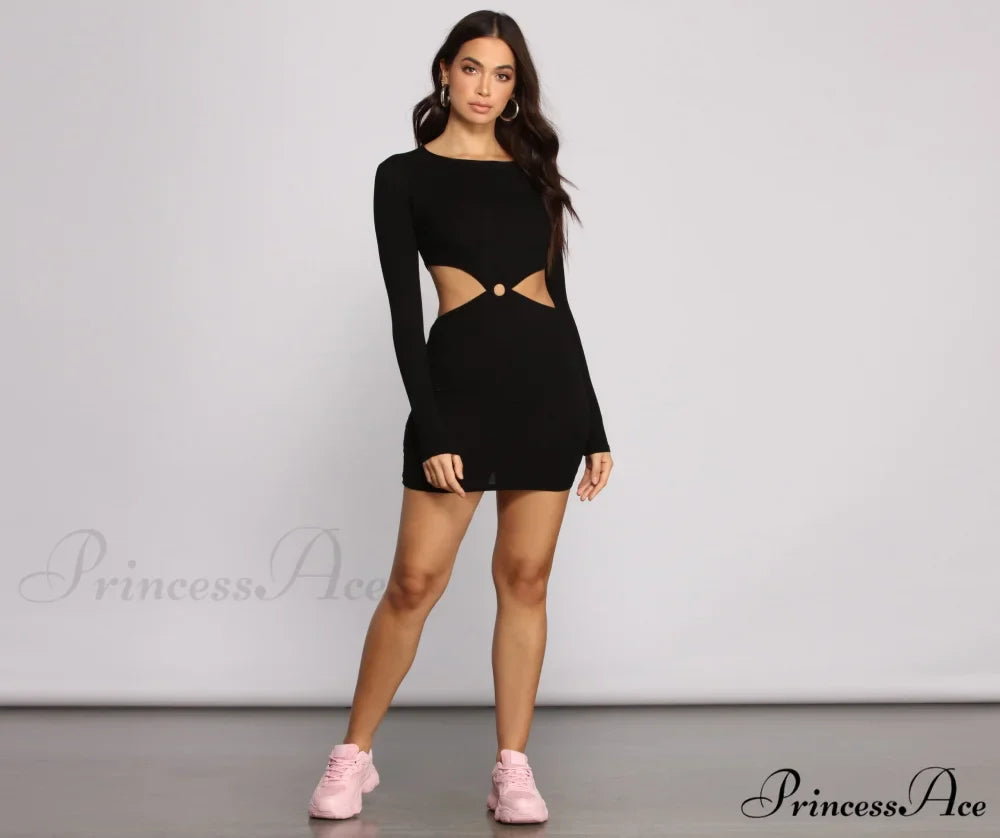 Ribbed Knit Stylish O-Ring Mini Dress