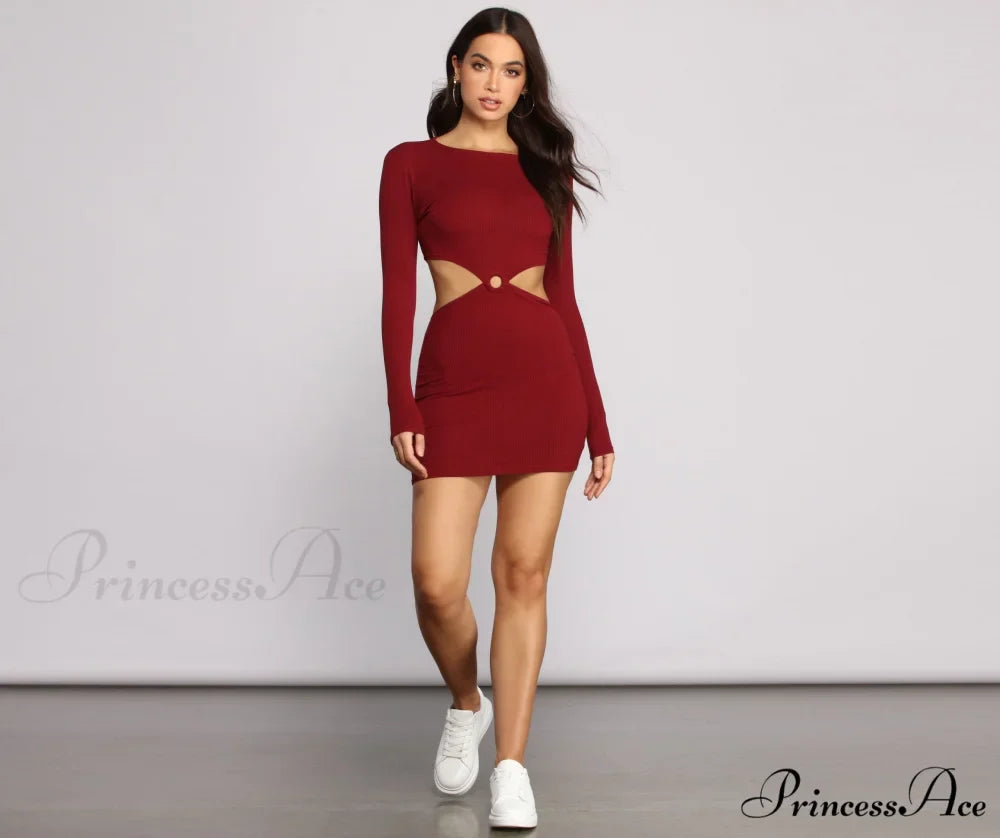 Ribbed Knit Stylish O-Ring Mini Dress