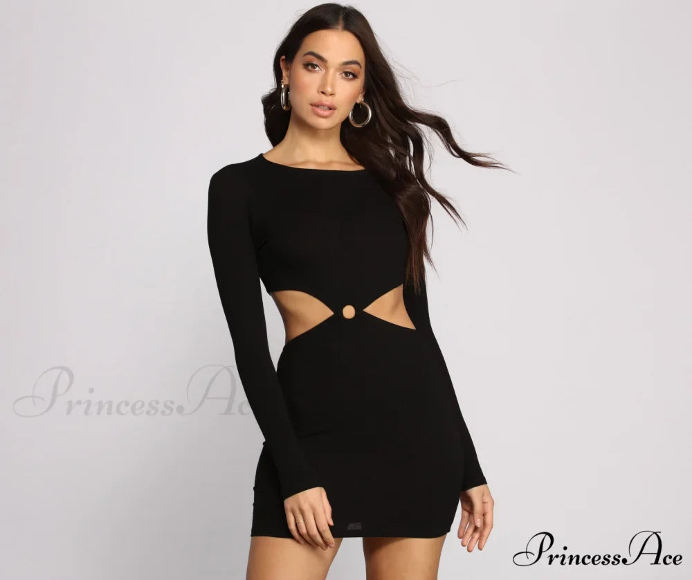Ribbed Knit Stylish O-Ring Mini Dress