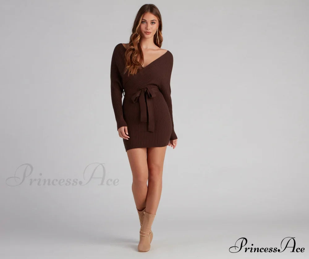 Ribbed Knit Tie-Front Charming Mini Sweater Dress