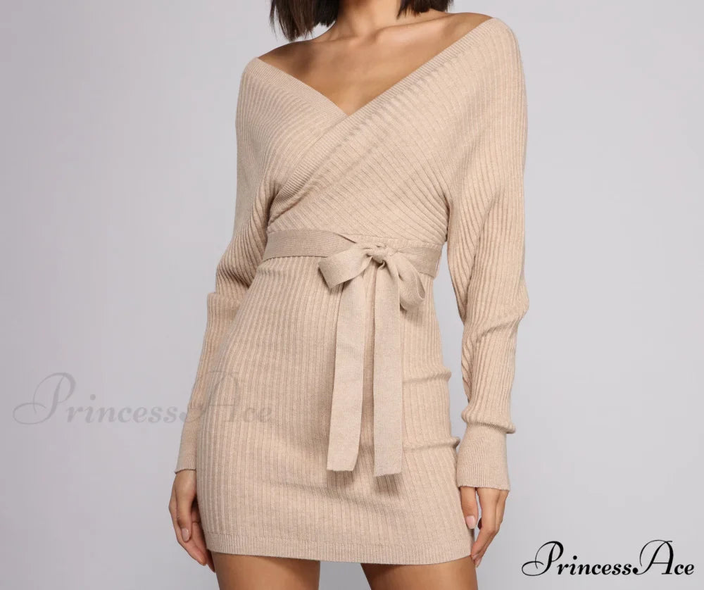 Ribbed Knit Tie-Front Charming Mini Sweater Dress