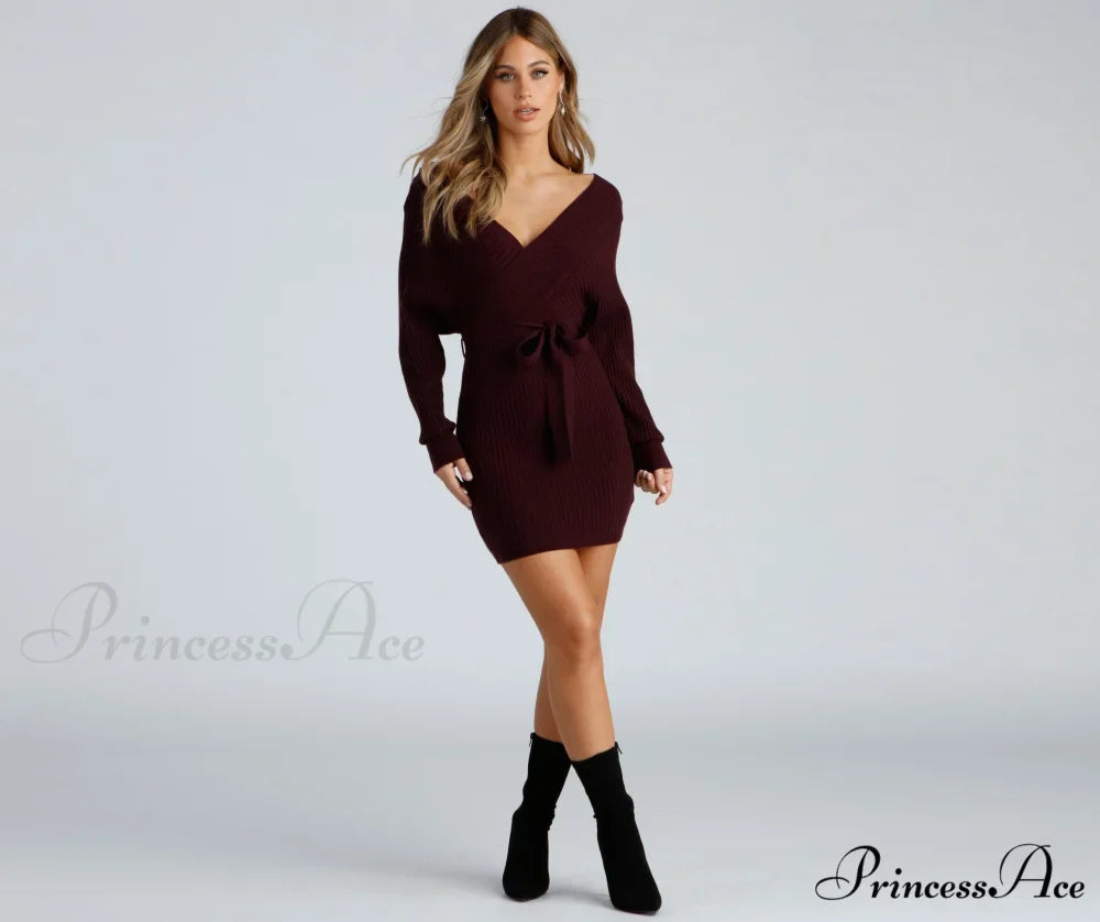 Ribbed Knit Tie-Front Charming Mini Sweater Dress
