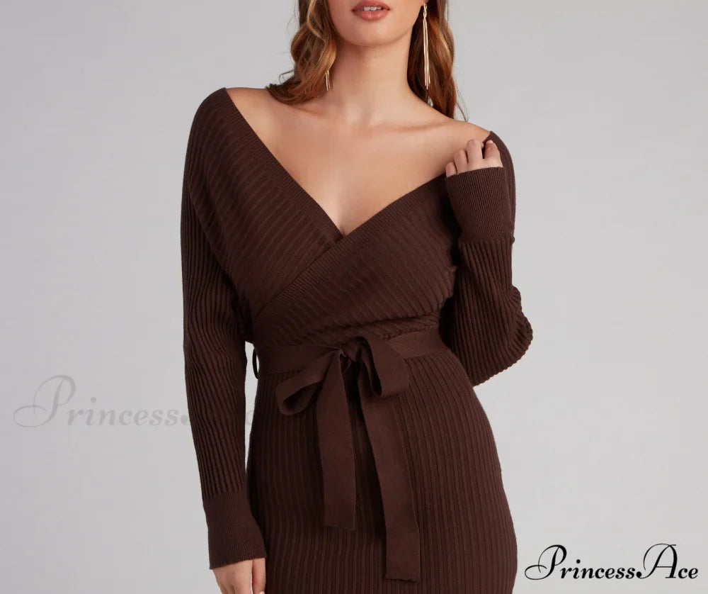 Ribbed Knit Tie-Front Charming Mini Sweater Dress