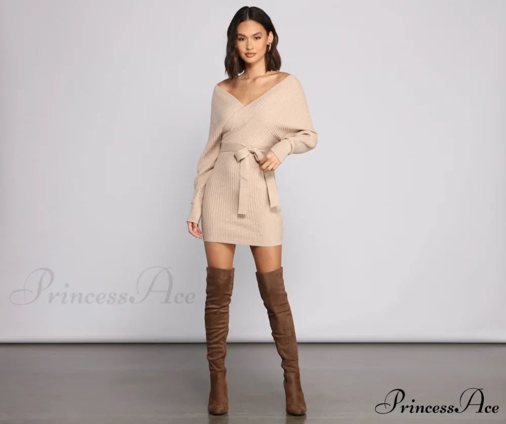 Ribbed Knit Tie-Front Charming Mini Sweater Dress