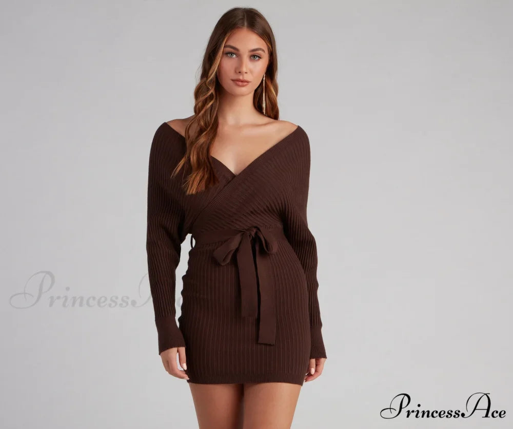 Ribbed Knit Tie-Front Charming Mini Sweater Dress