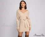 Ribbed Knit Tie-Front Charming Mini Sweater Dress
