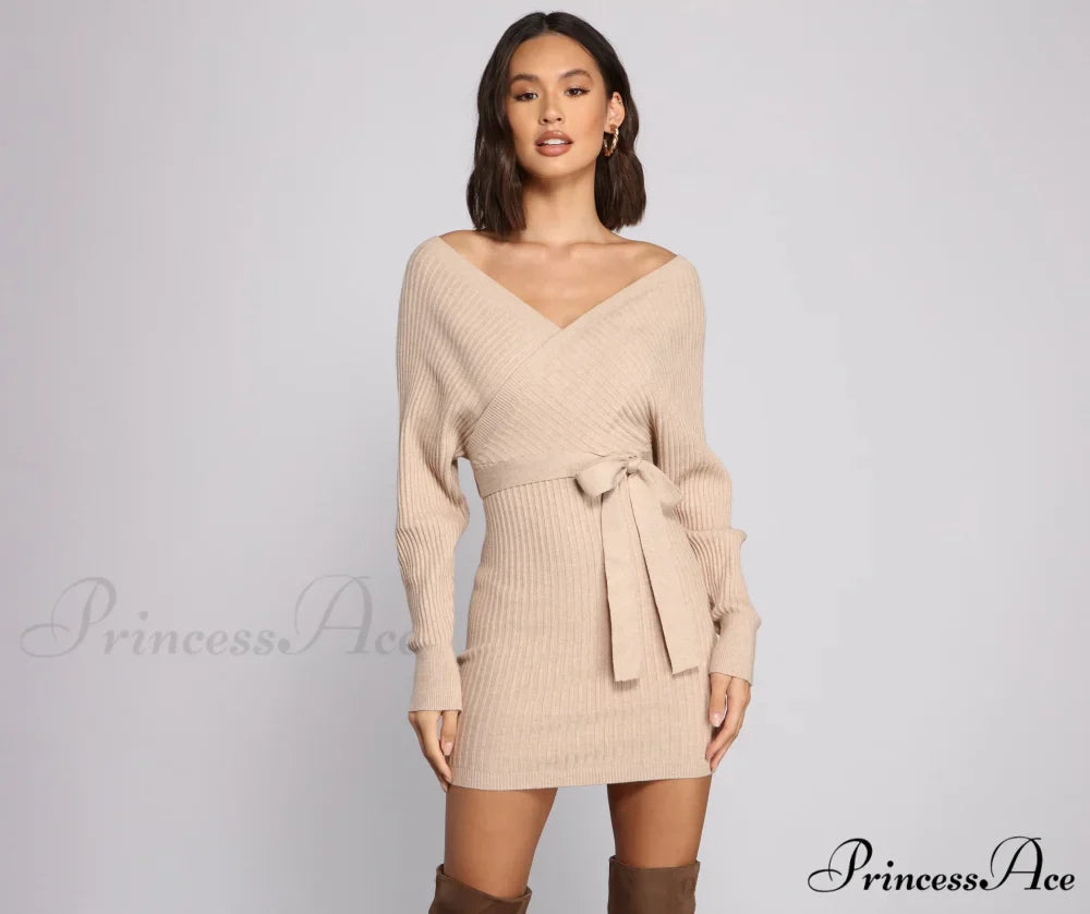Ribbed Knit Tie-Front Charming Mini Sweater Dress