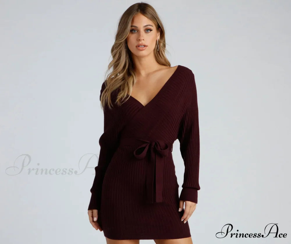 Ribbed Knit Tie-Front Charming Mini Sweater Dress