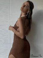 Ribbed Knitted Backless Split Summer Sleeveless Straps Sexy Midi Dress