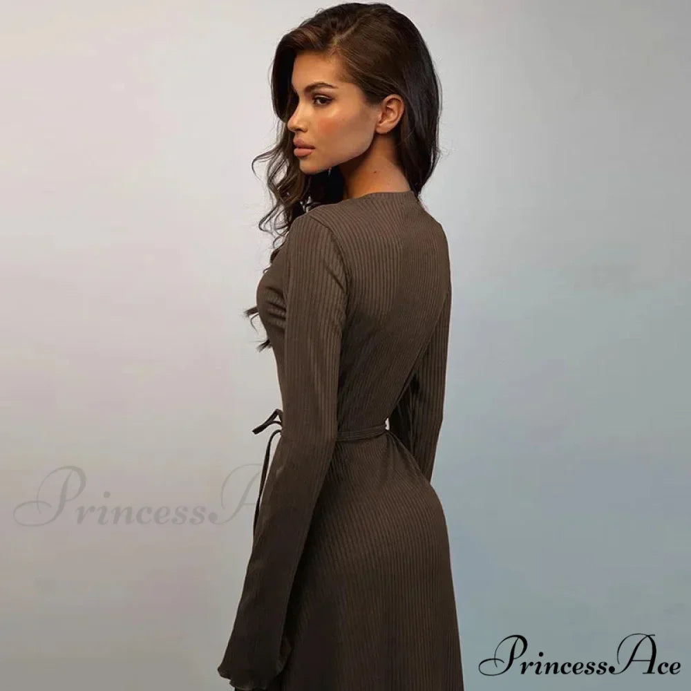 Ribbed Knitted Tie-detailed Fashionable Club-ready Birthday Autumnal Maxi Dress