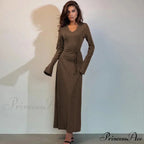 Ribbed Knitted Tie-detailed Fashionable Club-ready Birthday Autumnal Maxi Dress