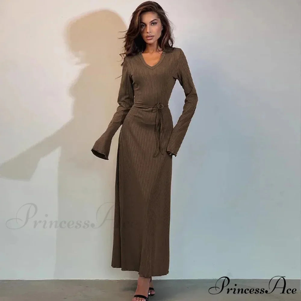 Ribbed Knitted Tie-detailed Fashionable Club-ready Birthday Autumnal Maxi Dress