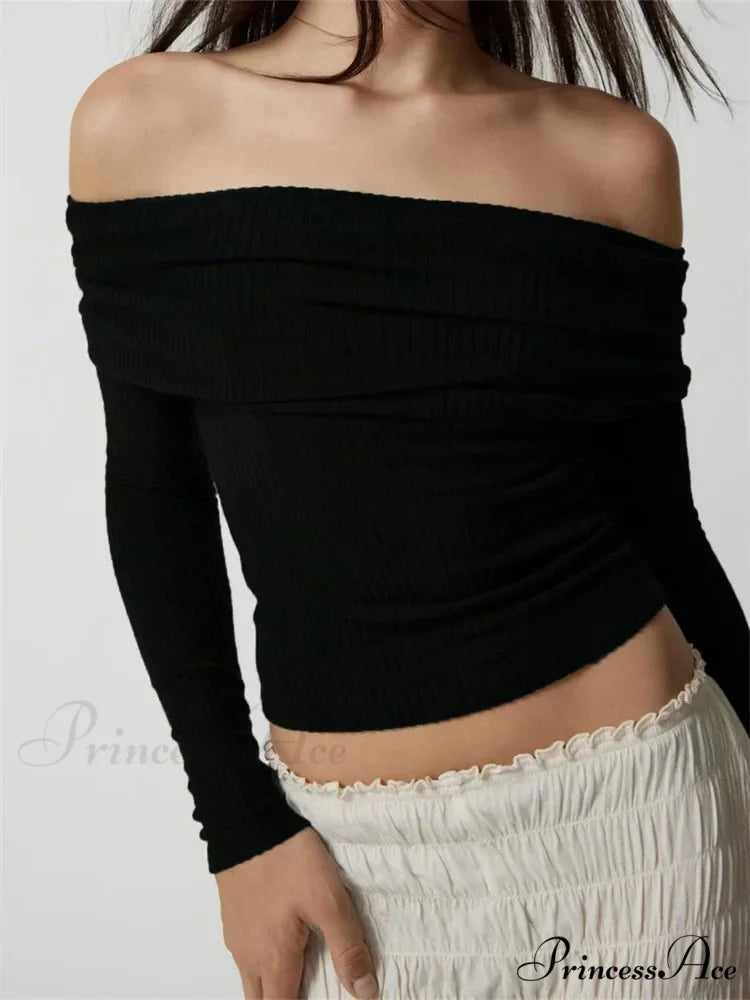 Ribbed Slash Neck Off Shoulder Casual Long Sleeve T-Shirts