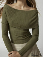 Ribbed Slash Neck Off Shoulder Casual Long Sleeve T-Shirts