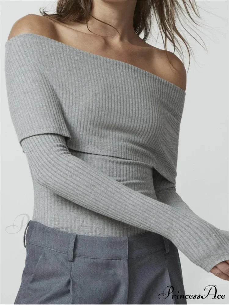 Ribbed Slash Neck Off Shoulder Casual Long Sleeve T-Shirts