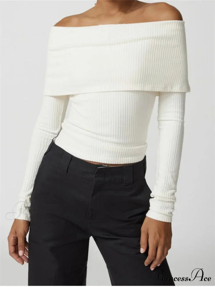 Ribbed Slash Neck Off Shoulder Casual Long Sleeve T-Shirts