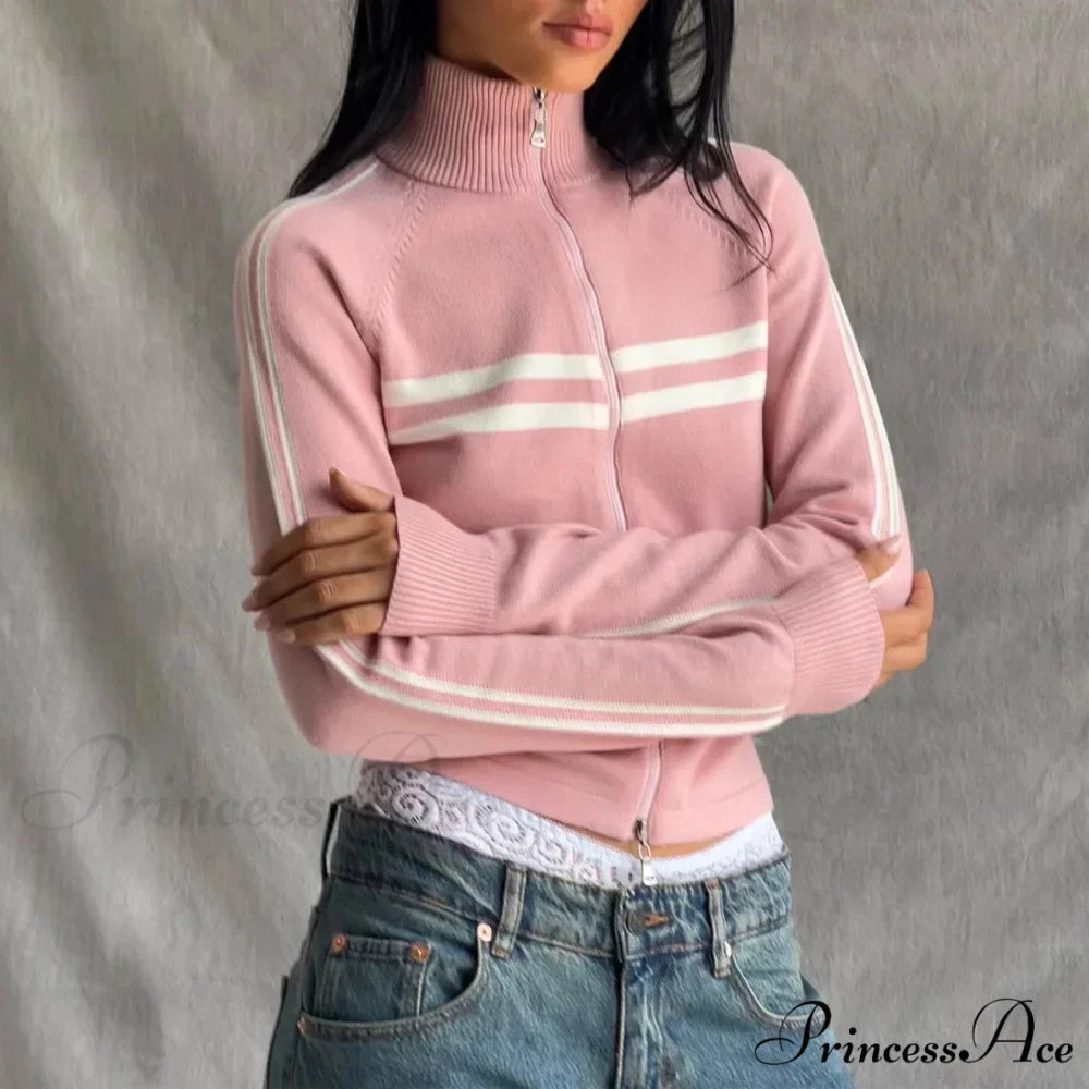 Ribbed Stripe Stylish Zipper Pullover Jacket
