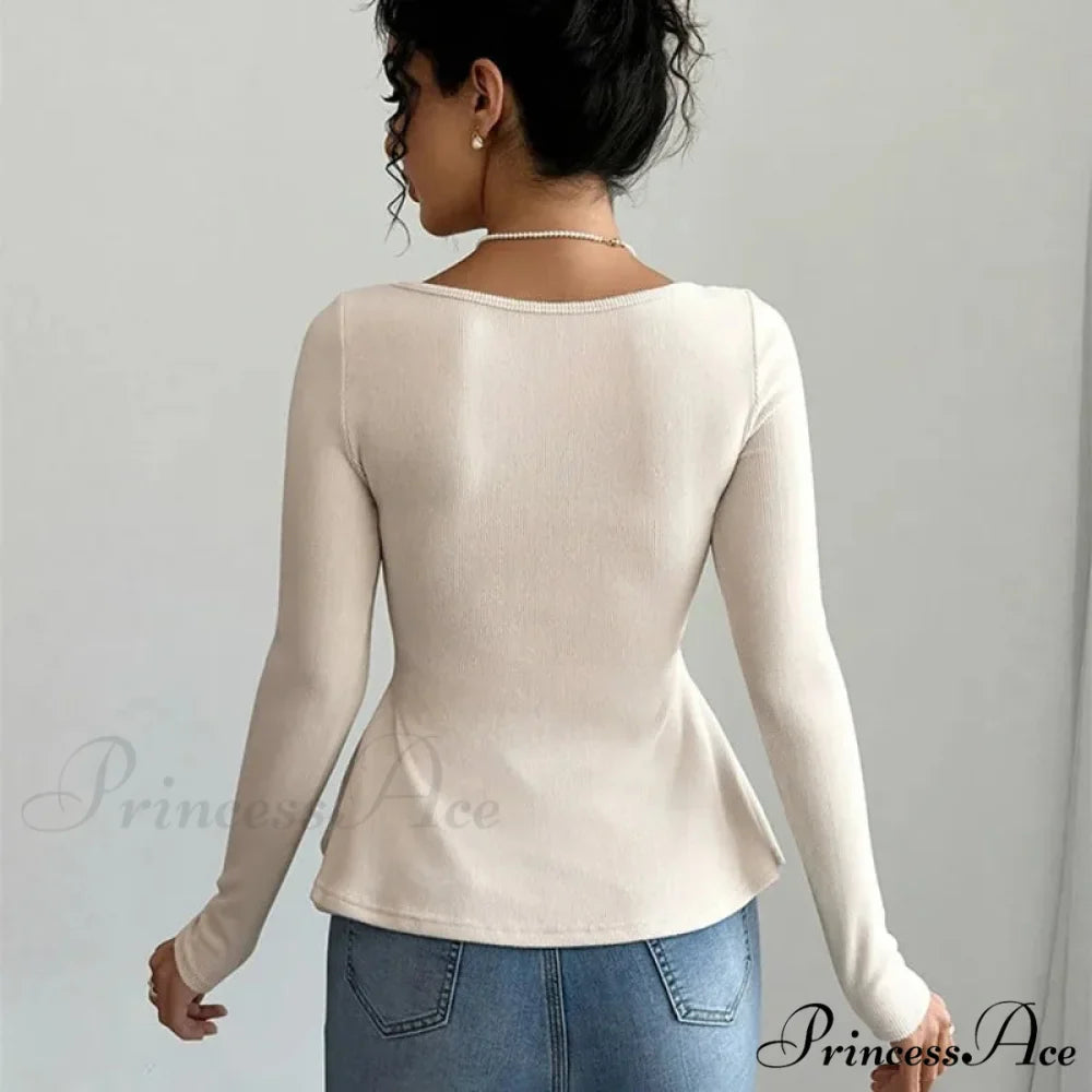 Ribbon Knit Informal Extended Sleeve Frilled Pullover Trim Knit Top