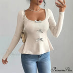 Ribbon Knit Informal Extended Sleeve Frilled Pullover Trim Knit Top