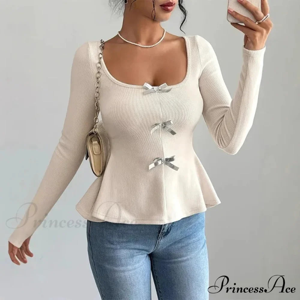 Ribbon Knit Informal Extended Sleeve Frilled Pullover Trim Knit Top