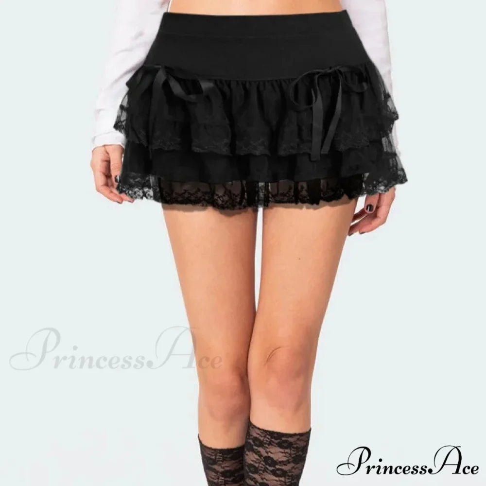 Ribbon Lace Patchwork Mid-Waist Skirt