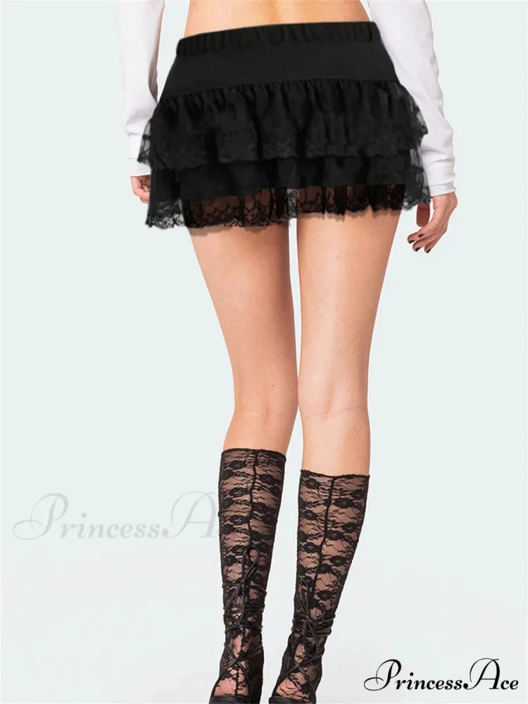 Ribbon Lace Patchwork Mid-Waist Skirt