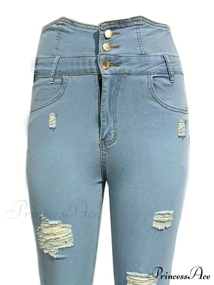 Ripped Holes Casual Skinny Autumn Slash Pockets Distressed Single-Breasted Button High Waist Denim Jean