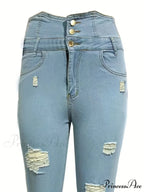 Ripped Holes Casual Skinny Autumn Slash Pockets Distressed Single-Breasted Button High Waist Denim Jean