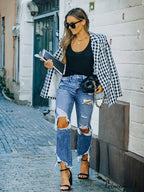 Ripped Holes Washed Straight Slant Pockets Distressed Frayed Hem Denim Jean