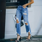 Ripped Holes Washed Straight Slant Pockets Distressed Frayed Hem Denim Jean