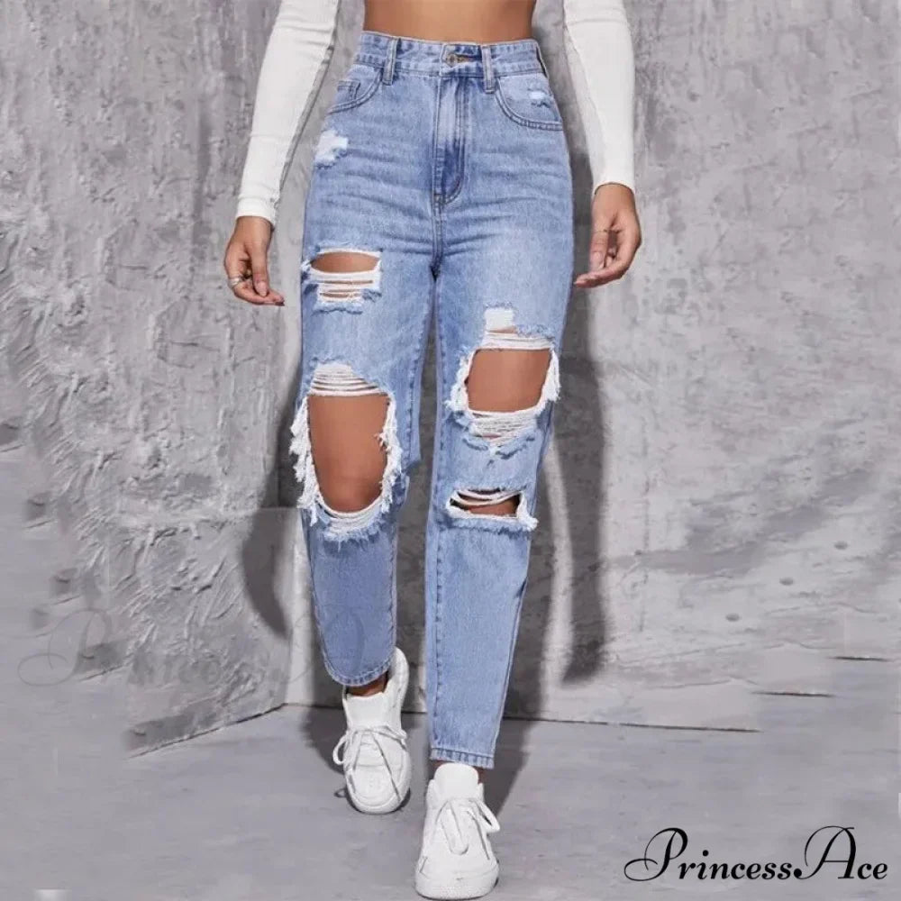 Ripped Straight Leg Women High Waist Loose Holes Casual High Streetwear Fashion Denim Jean