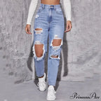 Ripped Straight Leg Women High Waist Loose Holes Casual High Streetwear Fashion Denim Jean
