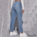Ripped Straight Leg Women High Waist Loose Holes Casual High Streetwear Fashion Denim Jean