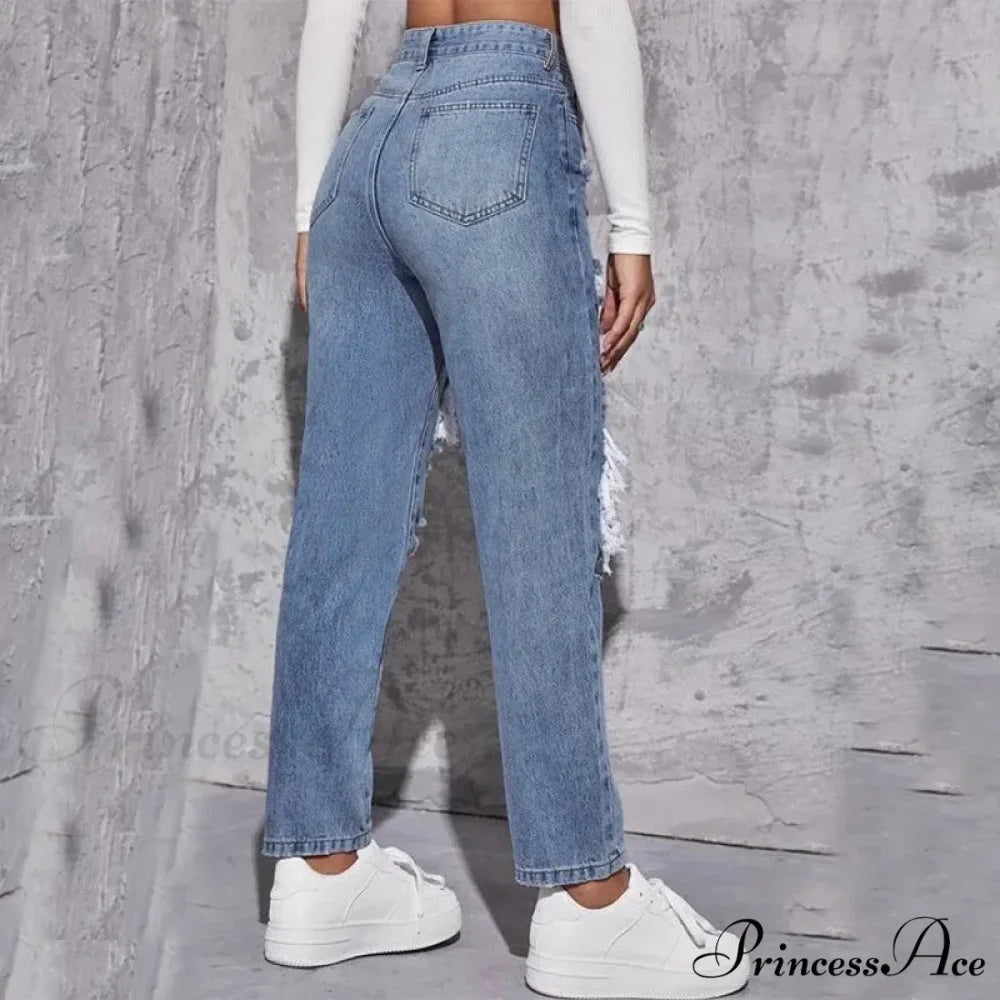 Ripped Straight Leg Women High Waist Loose Holes Casual High Streetwear Fashion Denim Jean
