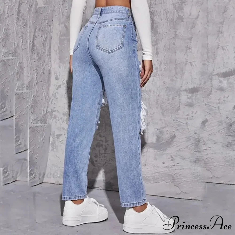 Ripped Straight Leg Women High Waist Loose Holes Casual High Streetwear Fashion Denim Jean