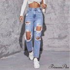 Ripped Straight Leg Women High Waist Loose Holes Casual High Streetwear Fashion Denim Jean